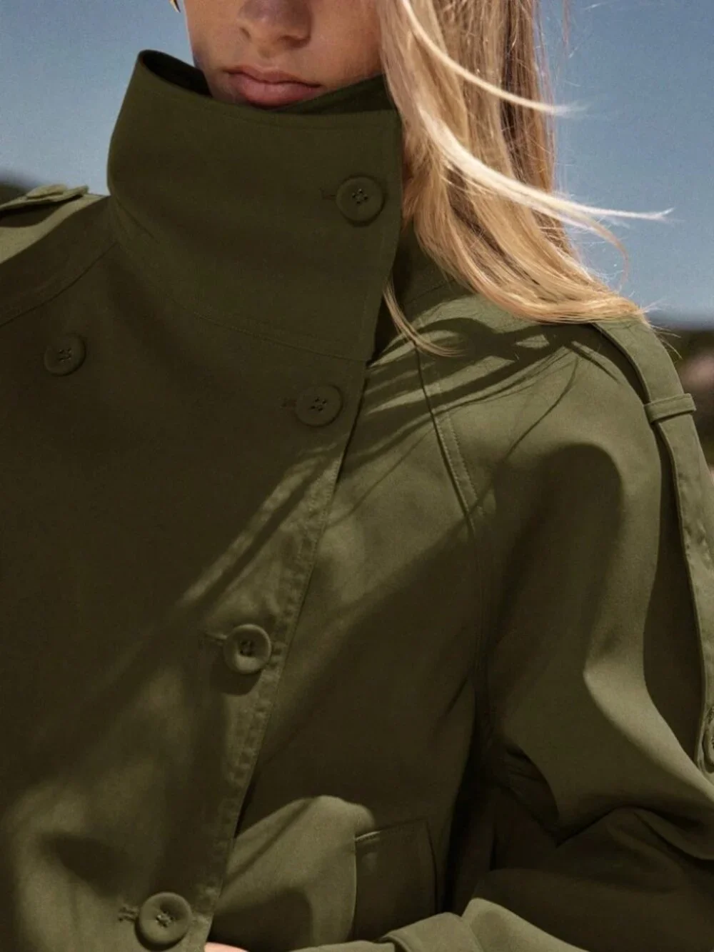 Olive Green Oversized Cropped Trench Jacket with Belted Cuffs